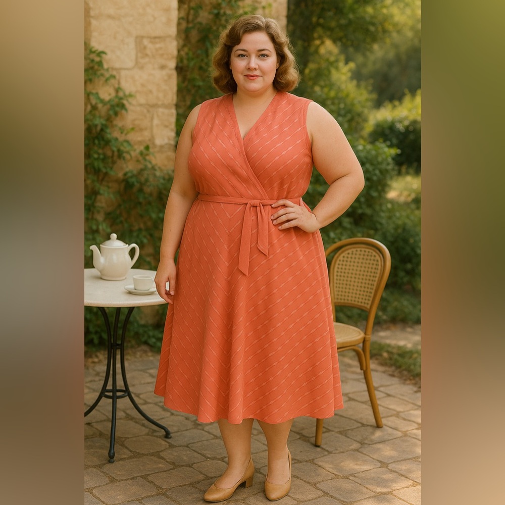 Vintage 70s Jenny Price Coral Chevron Midi Dress AU 18 / US XL A-Line Belted